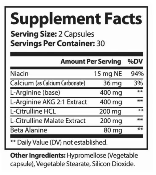 Blue Horse Supplement Facts — L-Arginine, L-Arginine AKG, L-Citrulline HCL, L-Citrulline Malate, Beta-Alanine, Niacin and Calcium